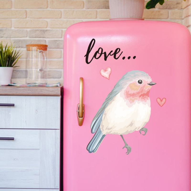 Decal trang trí tường - Chú chim hồng nhạt và chữ Love