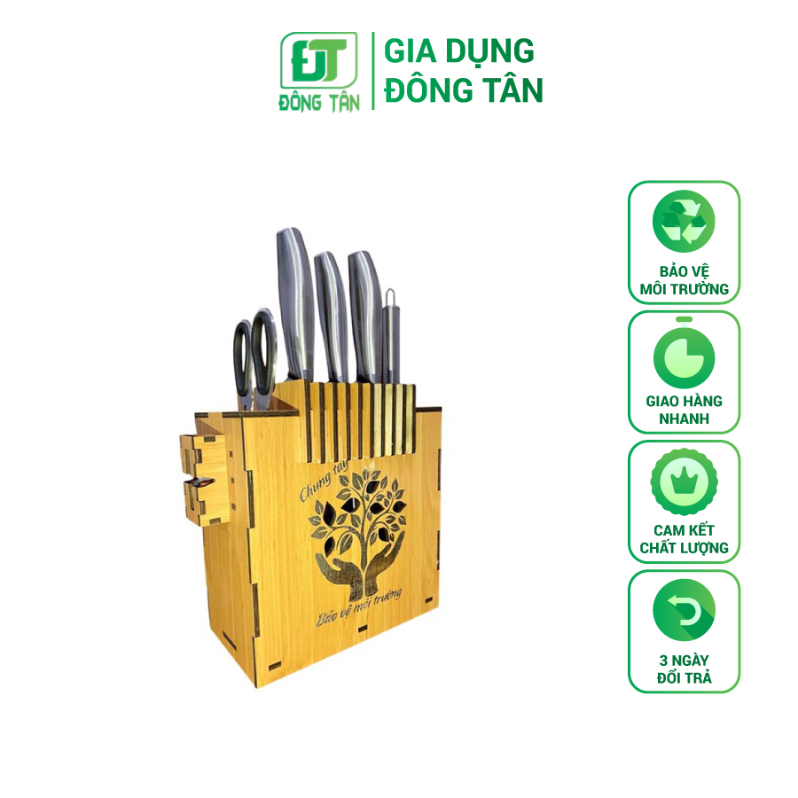 Đế Cắm Dao Bằng Gỗ ĐÔNG TÂN Cao Cấp, Tích Hợp Mài Dao Bằng Thép Không Gỉ