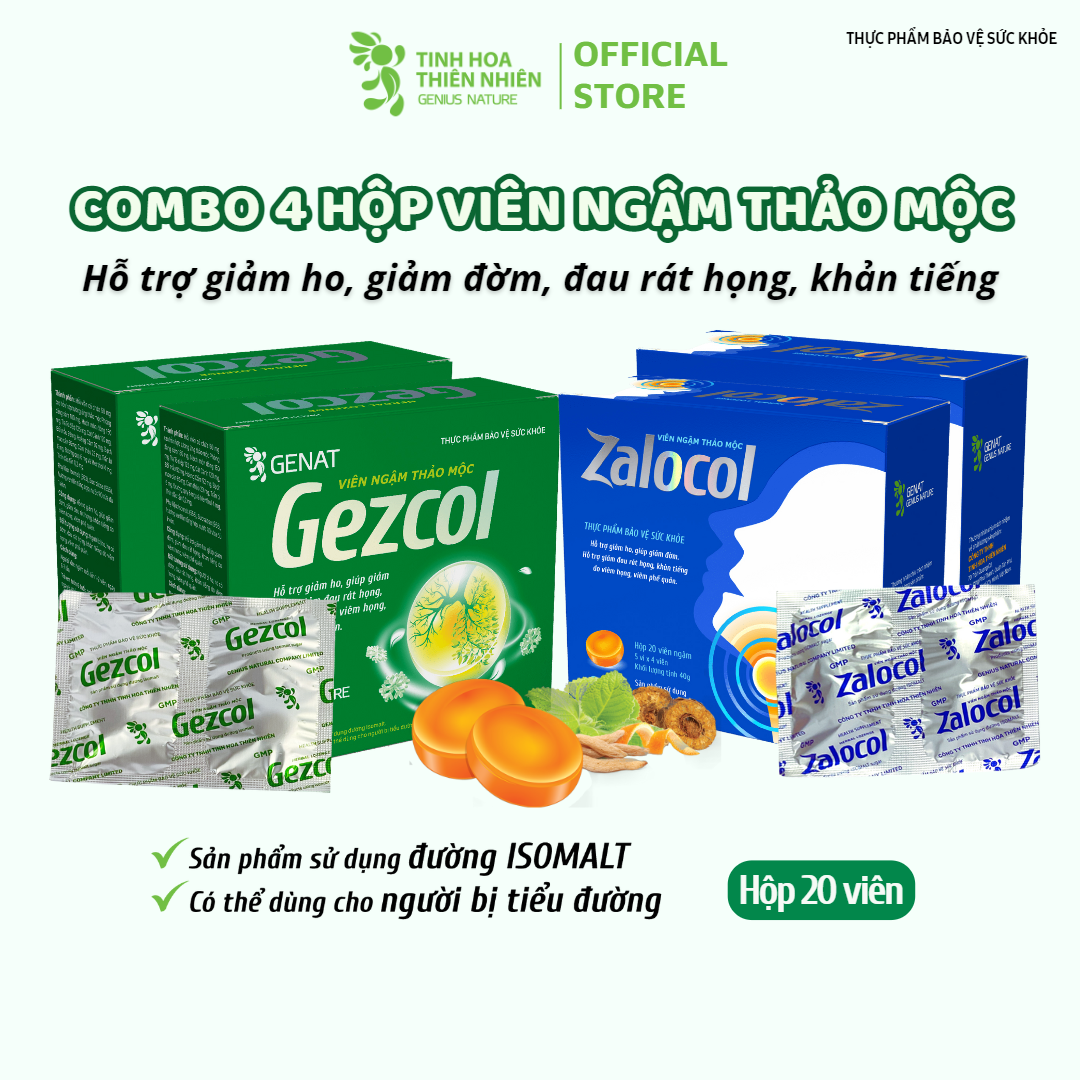 Combo 4 hộp viên ngậm ho thảo mộc Zalocol &amp; Gezcol Hỗ trợ giảm đau rát họng, khản tiếng do viêm họng, viêm phế quản (hộp 20 viên) - Genat