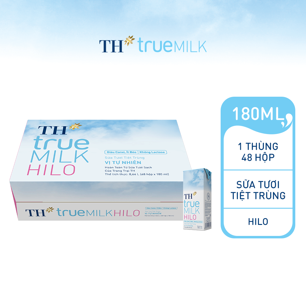 Thùng 48 hộp sữa tươi tiệt trùng TH True Milk HILO 180ml (180ml x 48)