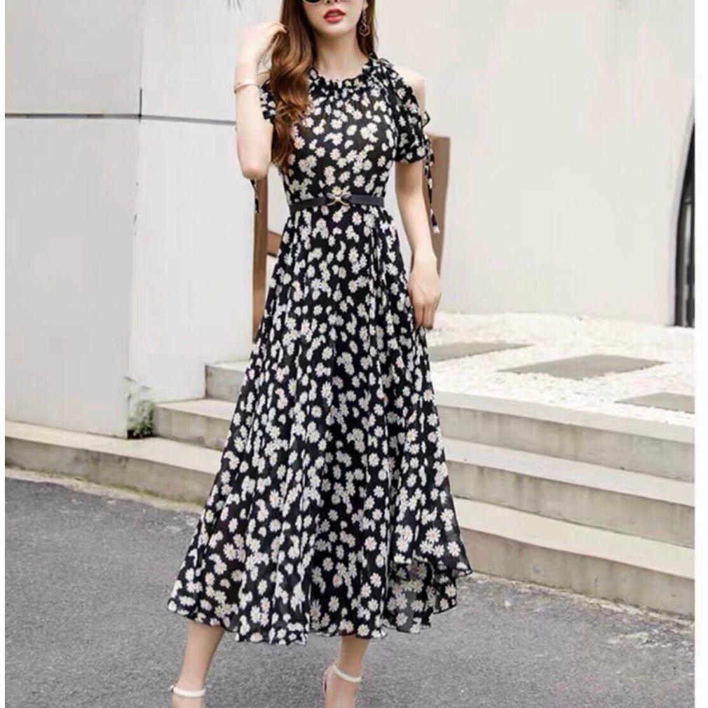 Đầm Maxi Hoa Cúc Thiết Kế Hở Vai Cột Dây, Cổ Nhún Bèo Xịn Sò, Tôn Dáng Yểu Điệu Thướt Tha, Sang Chảnh