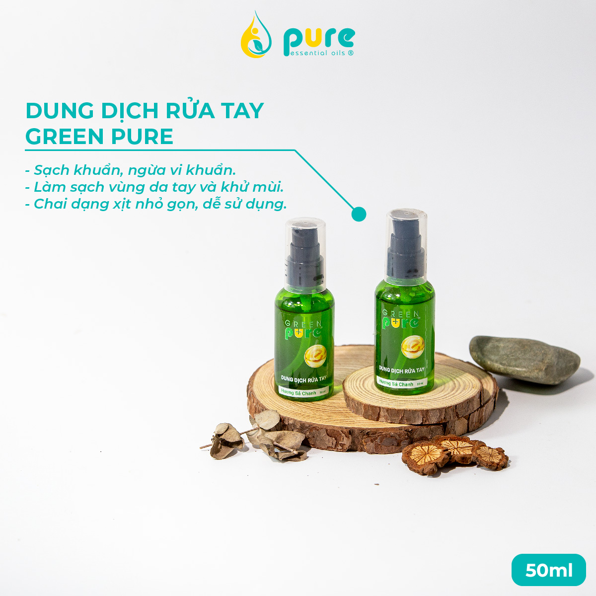 Nước Rửa Tay Green Pure chai 50ml/100ml - Dịu nhẹ, an toàn cho da giúp sạch khuẩn, khử mùi