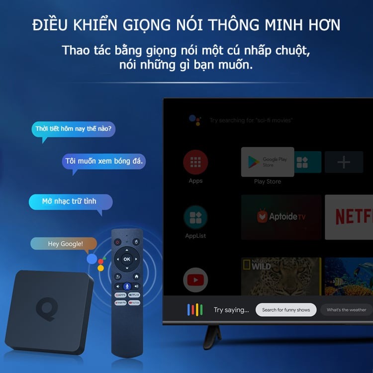 Smart box android tv Q mới có điều khiển giọng nói tiếng việt hỗ trợ bluetooth Wifi băng tần kép cài sẵn chương trình tivi và xem phim HD miễn phí vĩnh viễn - Hàng nhập khẩu