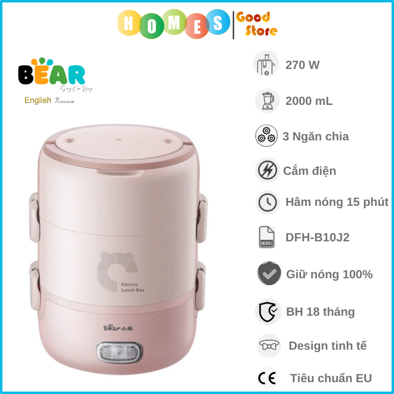 Hộp Cơm Điện Văn Phòng BEAR DFH-S2358 3 Tầng Dung Tích 2 Lít Công Suất 270 W - Hàng Chính Hãng