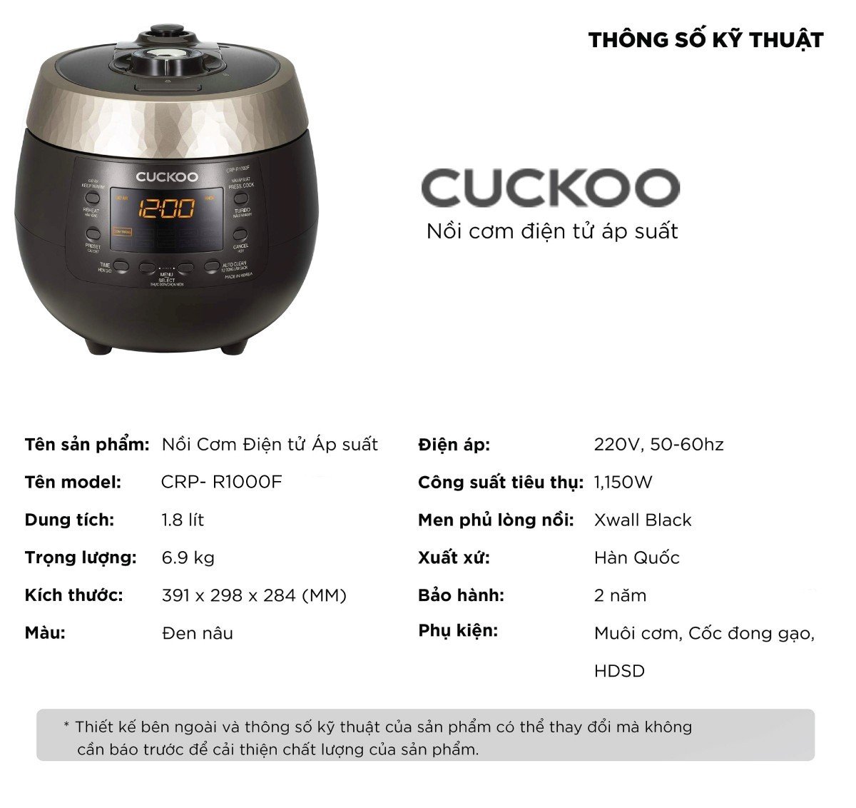 Nồi cơm điện tử áp suất Cuckoo 1.8 lít CRP-R1000F màu đen - lòng nồi chống dính cao cấp phủ Xwall Diamond -Sản xuất tại Hàn Quốc - bản Quốc Tế tiếng Anh - Hàng chính hãng Cuckoo Việt Nam