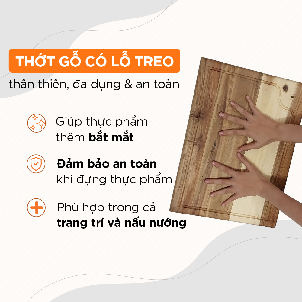 Thớt gỗ chữ nhật lớn, khay gỗ decor, thớt gỗ acacia có lỗ treo màu tự nhiên chuẩn xuất khẩu - DUBA