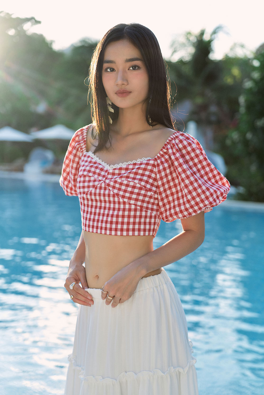 DOTTIE - Áo gingham tay phồng phối ren - Đỏ - T0711