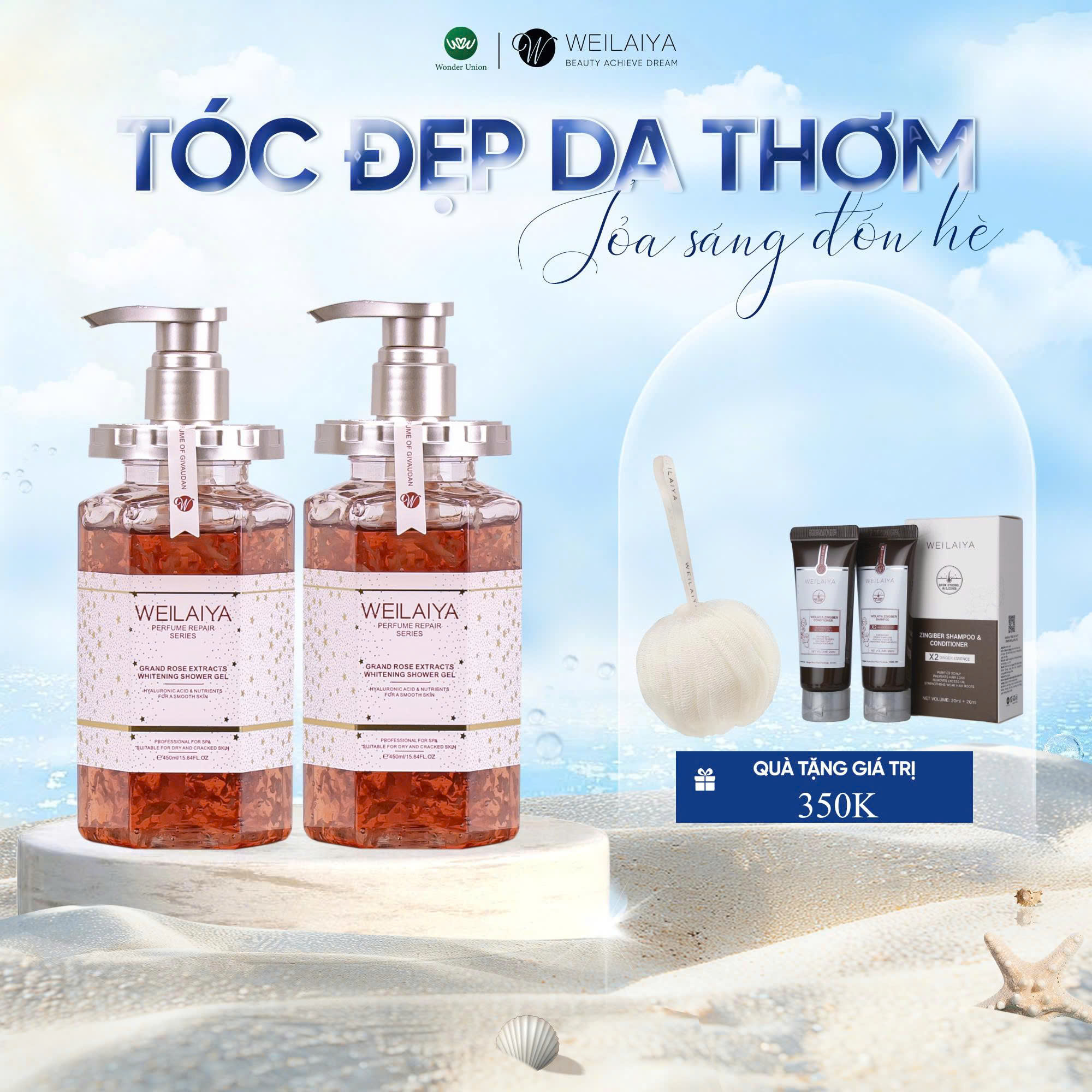 Combo 2 chai sữa tắm trắng da cánh hoa hồng Damask Weilaiya Grand Rose Extracts Whitening Shower Gel 450ml
