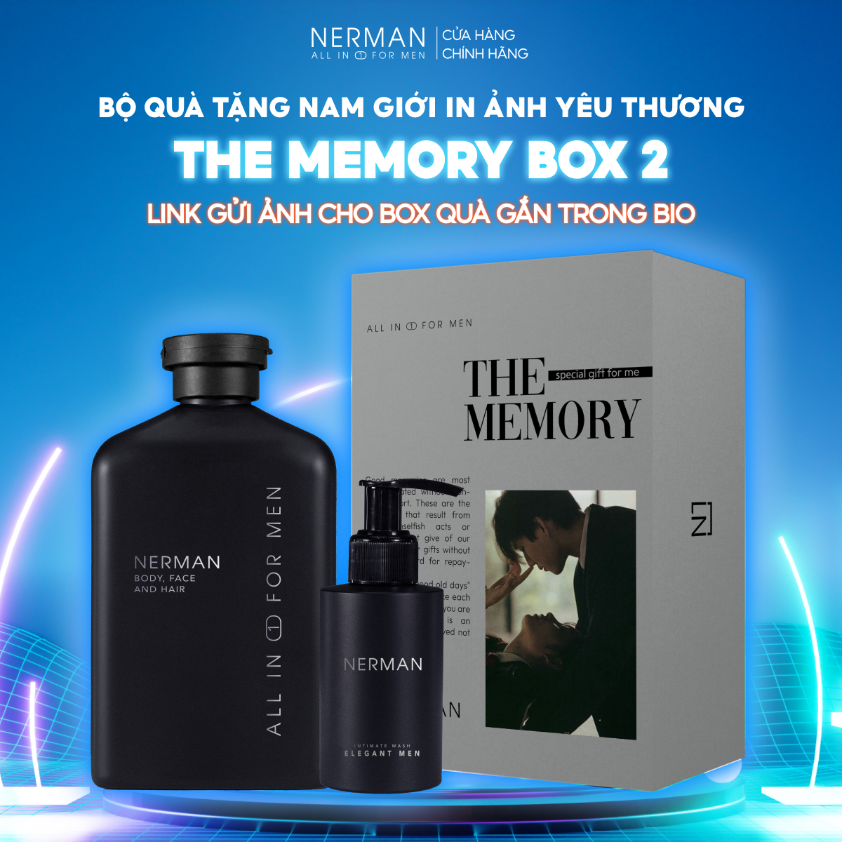 Bộ quà tặng VALENTINE cho nam in ảnh yêu thương THE MEMORY BOX Nerman-Sữa tắm gội 350ml&amp;Gel vệ sinh nam 100ml&amp;Gel rửa mặt 100ml