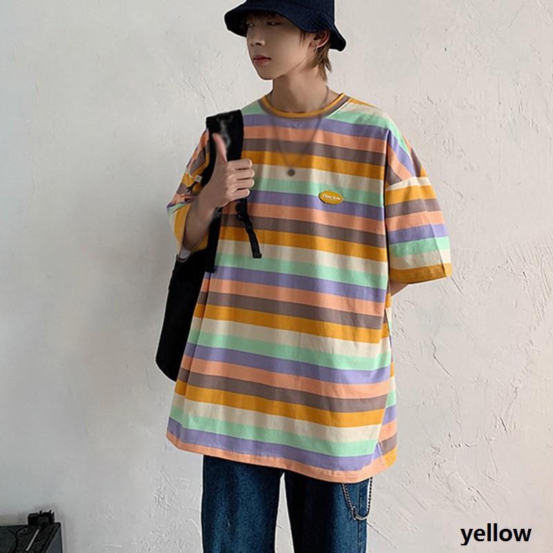 Women's Summer Casual T Shirt Short Sleeve O-Neck Rainbow Striped Loose Tee Lovers Tops