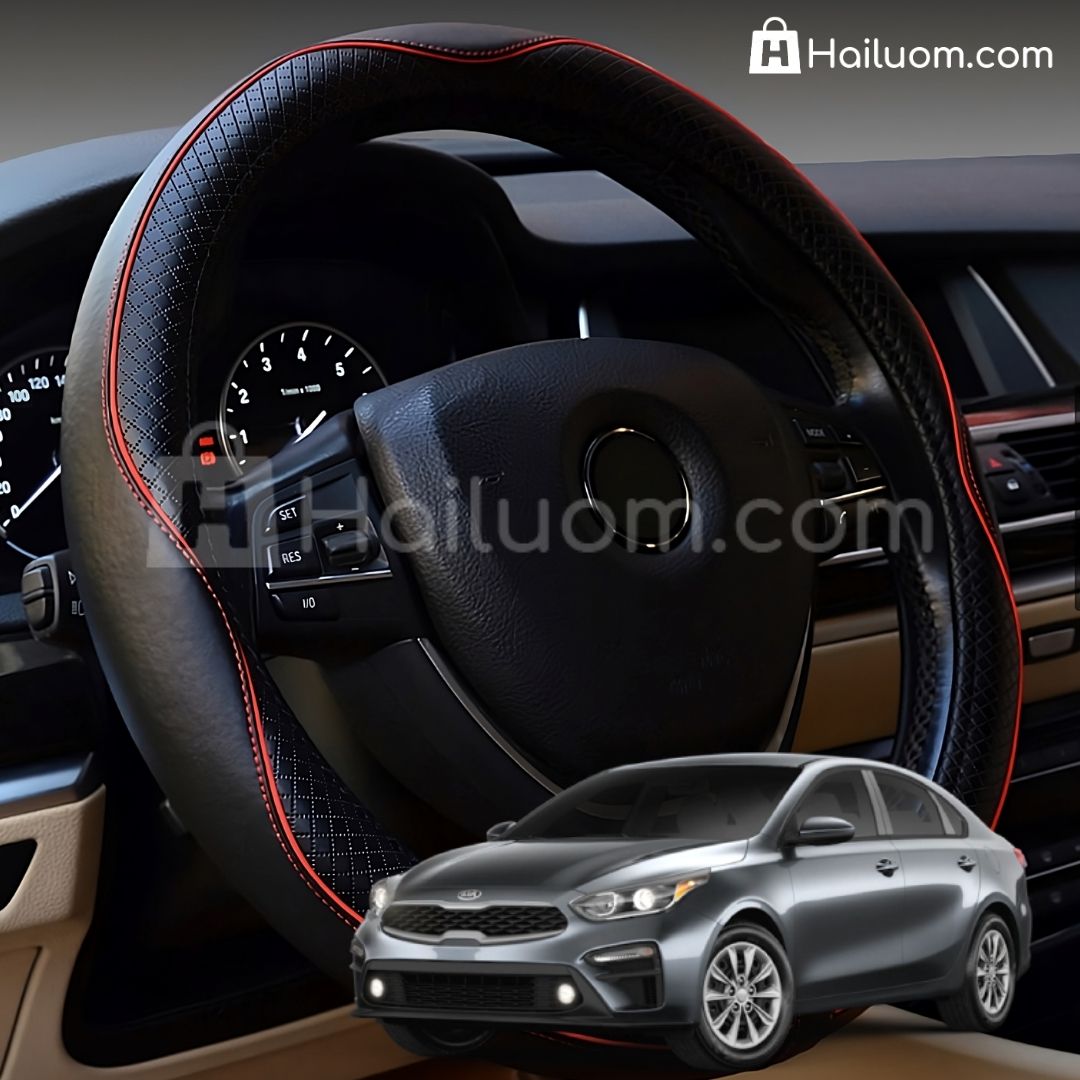 Bọc Vô Lăng ô tô cho KIA FORTE Da Thật Cao Cấp - Màu Đen Chỉ Đỏ
