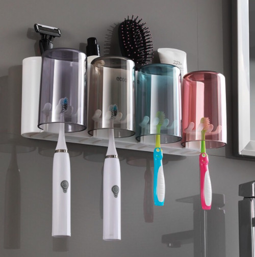 Kệ để cốc bàn chải đánh răng kèm hộp nhả kem đánh răng tự động ANVD Ecoco cao cấp không cần khoan tường