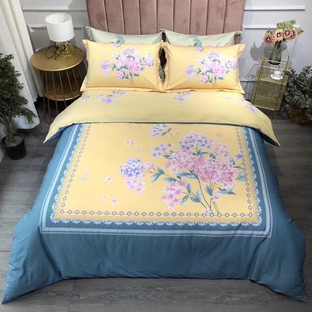 Set Cotton Organic 100%cotton Hàng Nhập Khẩu Cao Cấp 4 Món Hoạ Tiết Hoa Sang Trọng Tông Xanh