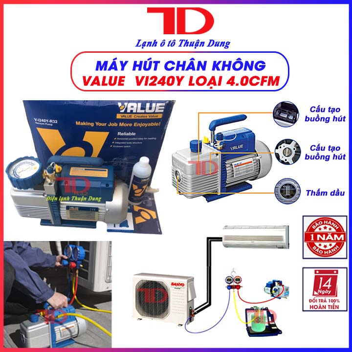 Máy hút chân không VALUE VI240Y 4.0 CFM kèm đồng hồ báo áp và rờ le tự ngắt