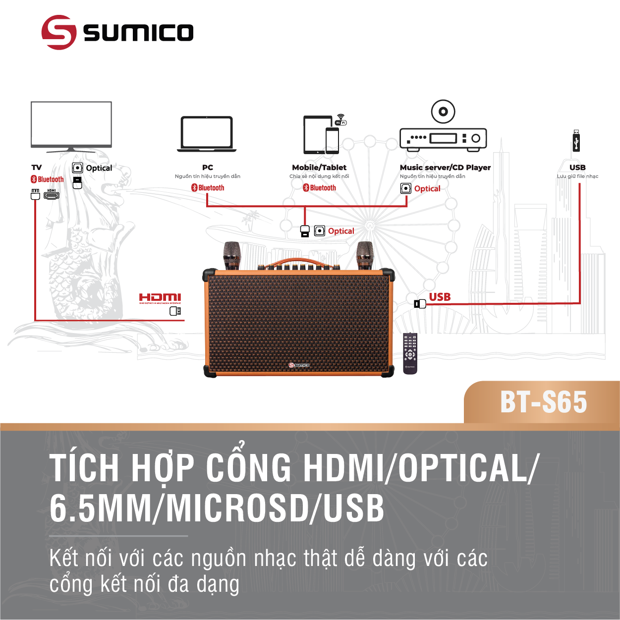 Loa Karaoke Di Động Sumico BT-S65 (Kèm 2 Micro không dây Kim loại) - Hàng Chính Hãng