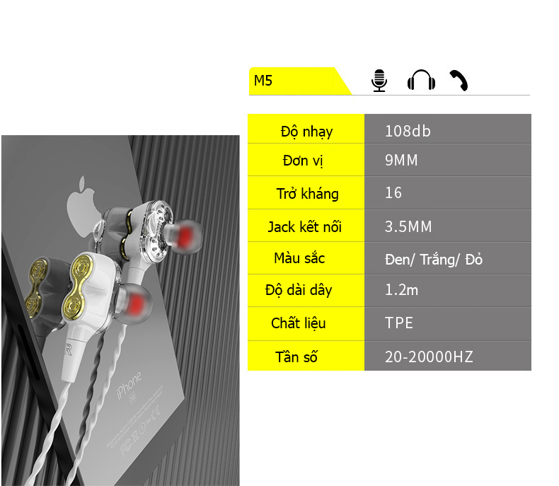 Tai nghe nhét tai có Mic lỗi kép M5 - kèm 4 mút tai nghe và kẹp áo