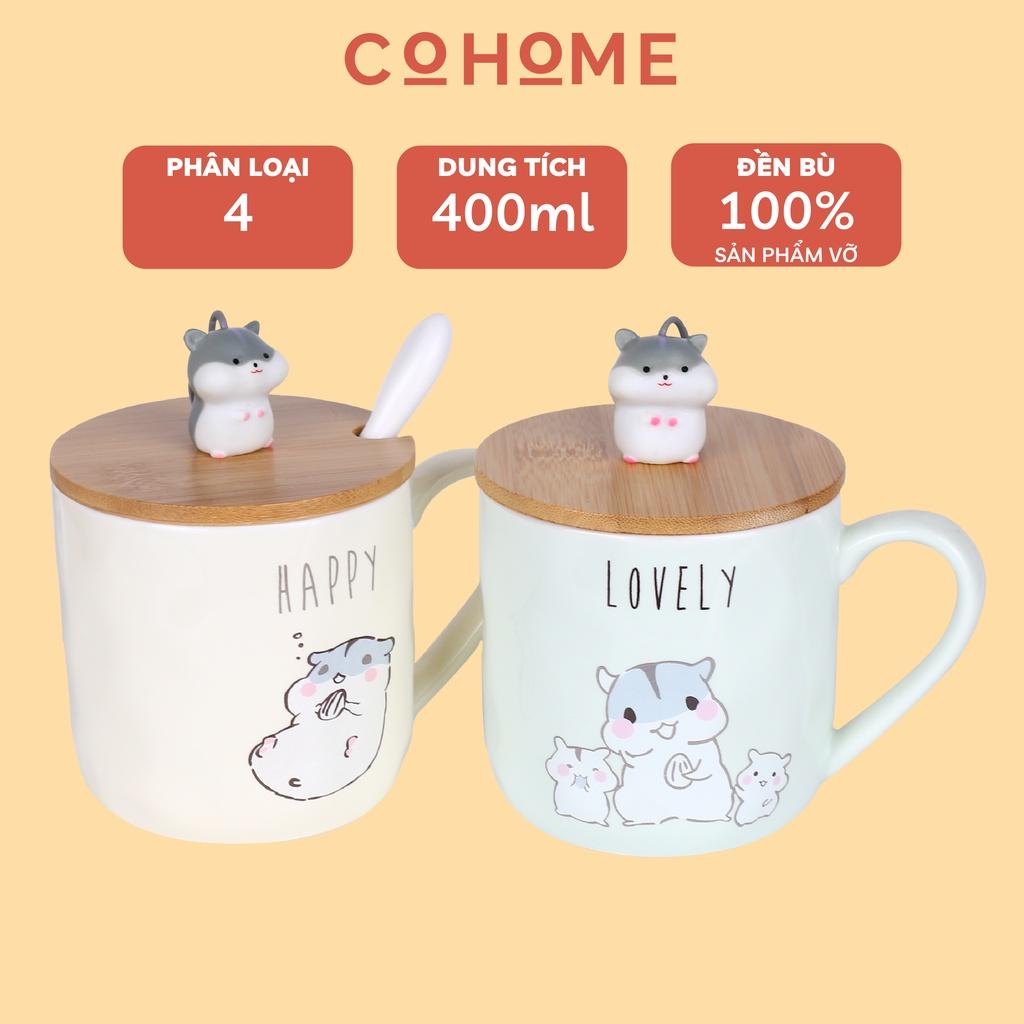 Cốc sứ, ly sứ hình chuột kèm nắp và thìa 400ml cực cute, họa tiết sắc nét bền đẹp