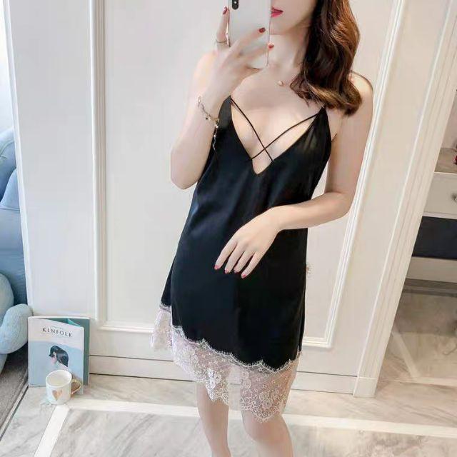 Váy ngủ sexy lụa hai dây phối chân ren 5143