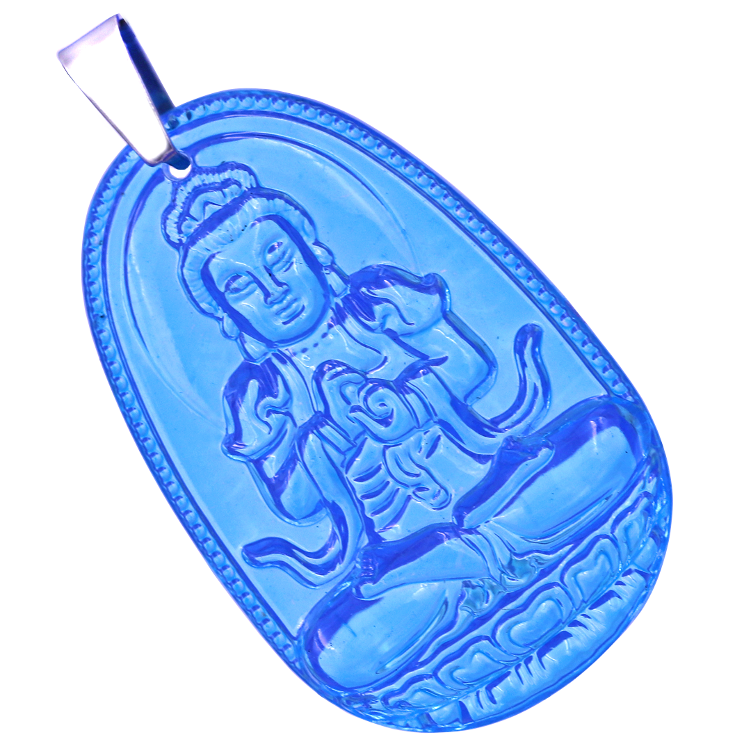 Mặt Phật Đại nhật như lai thuỷ tinh xanh biển 3.6 cm kèm móc và vòng cổ dây cao su đen, Mặt Phật bản mệnh