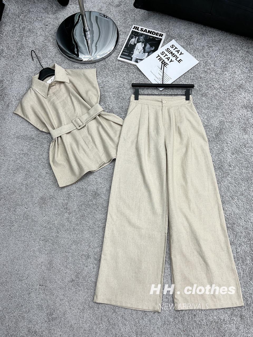 SET ĐI CHƠI, SET 2 MÓN ÁO SƠ MI NUDE PHỐI QUẦN DÀI ỐNG RỘNG KÈM ĐAI CỰC SANG CHẢNH