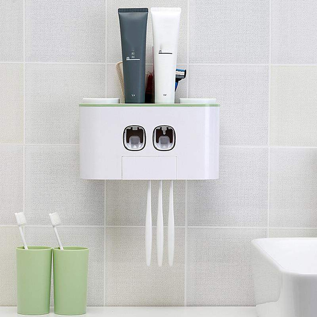 Kệ Nhả Kem Đánh Răng Tự Động Thông Minh Kết hợp rãnh để đồ & treo cốc - Tặng kèm 4 Cốc Hút Từ Tính - Kệ Nhà Tắm Dán Tường Tiện Ích - Giao màu Ngẫu Nhiên