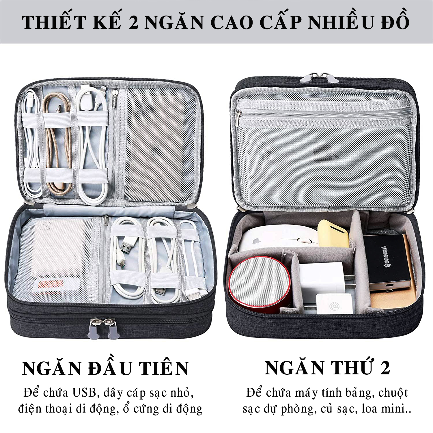 Túi đựng phụ kiện điện thoại 2 ngăn lớn cải tiến kích thước 27cm nhiều ngăn chống nước, chống sốc - Hàng chính hãng D Danido