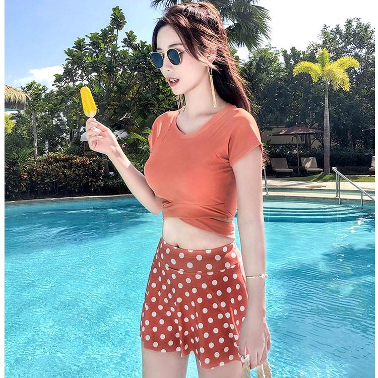 Bikini 2 Mảnh Dạng Váy, Đồ Bơi Nữ Đẹp (Chấm bi Cam)