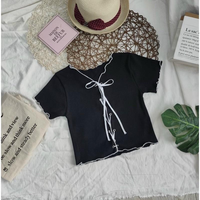 Áo croptop đan dây mắt cáo, ảnh thật trải sàn