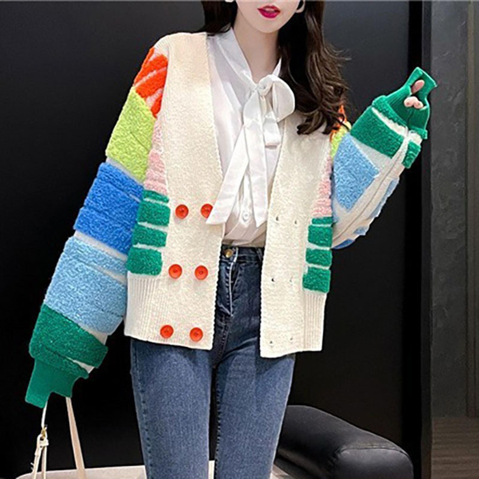 Rainbow Striped Cardigan Sweater Double Breasted Sweater Jacket Coat Button Autumn Clothing Daily Wear Long Sleeve Knit Sweater
