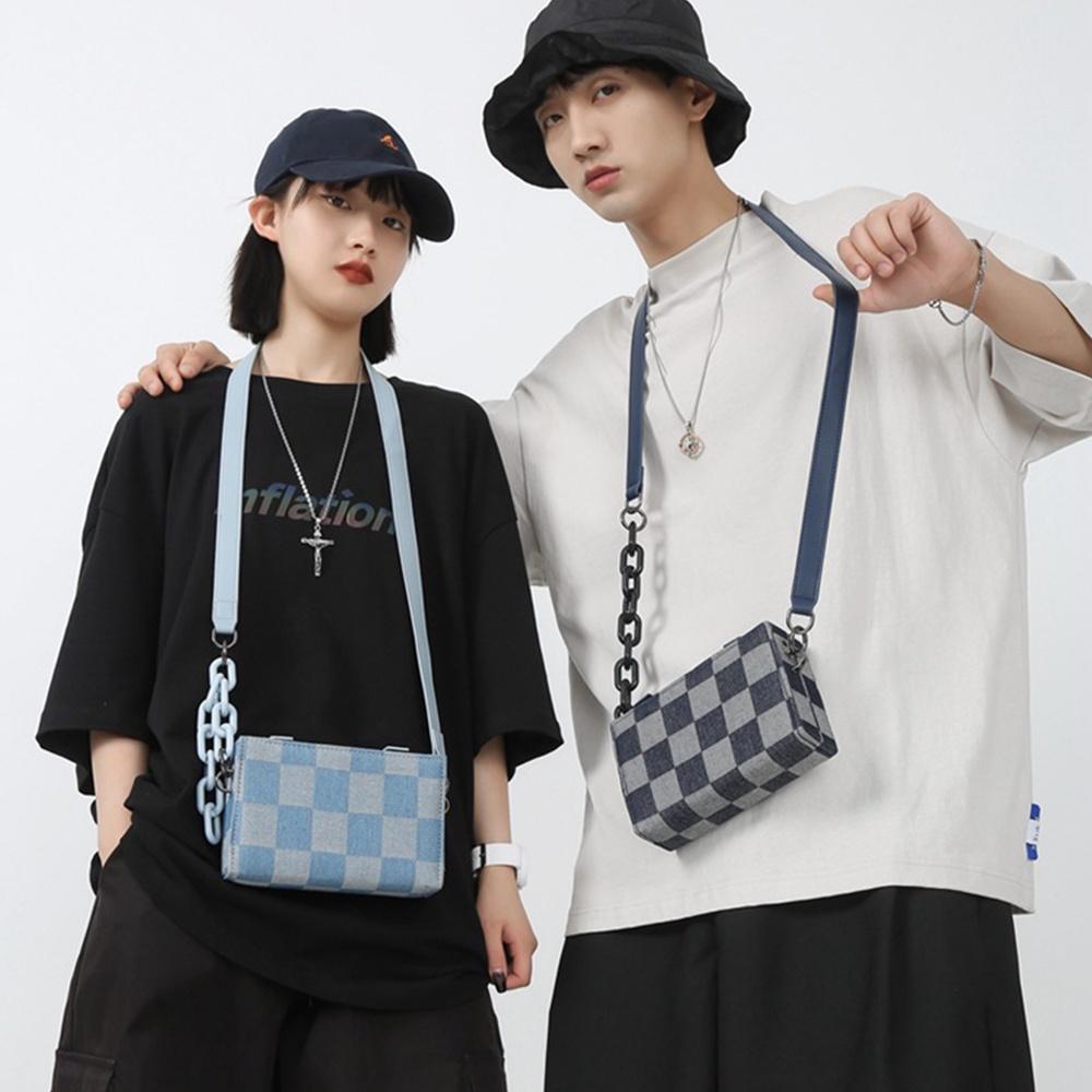 Túi Đeo Chéo Nam Túi Xách Thời Trang Unisex Vải Canvas Phối Dây Xích Cá Tính