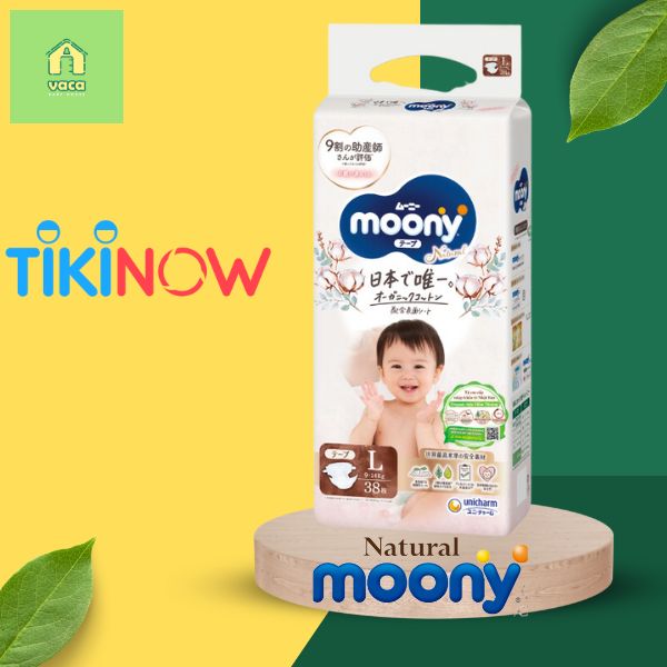 Tã/bỉm dán sơ sinh Moony cao cấp Natural đủ size dán NB62/S58/M46/L38 Vaca Baby House