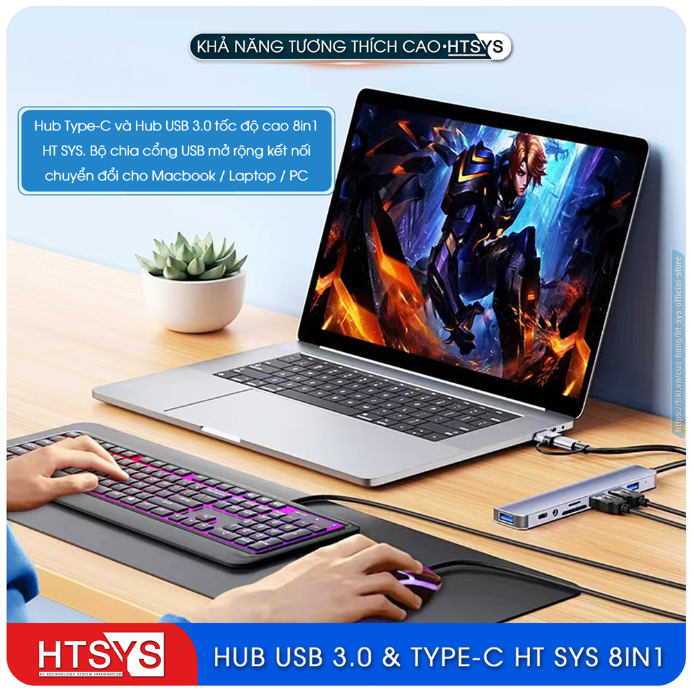 Hub Type C Và Hub USB HT SYS 8 in 1 To USB 3.0, SD, TF, USB C, Audio 3.5 - Hàng Chính Hãng
