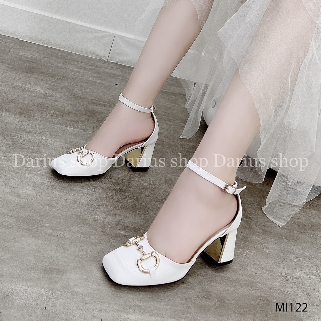 Sandal Cao Gót 5cm Bít Mũi Phối Khoá Kim Loại Sang Chảnh Chất Da Si Mềm Cao Cấp