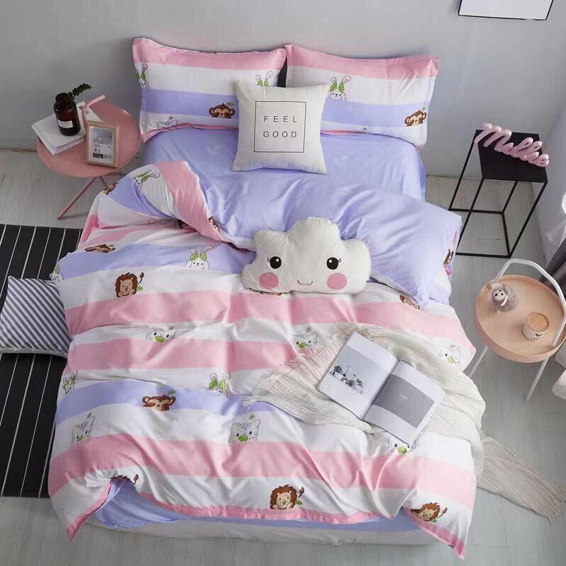 Bộ chăn ga gối Hàn Quốc kẻ ngang hồng tím