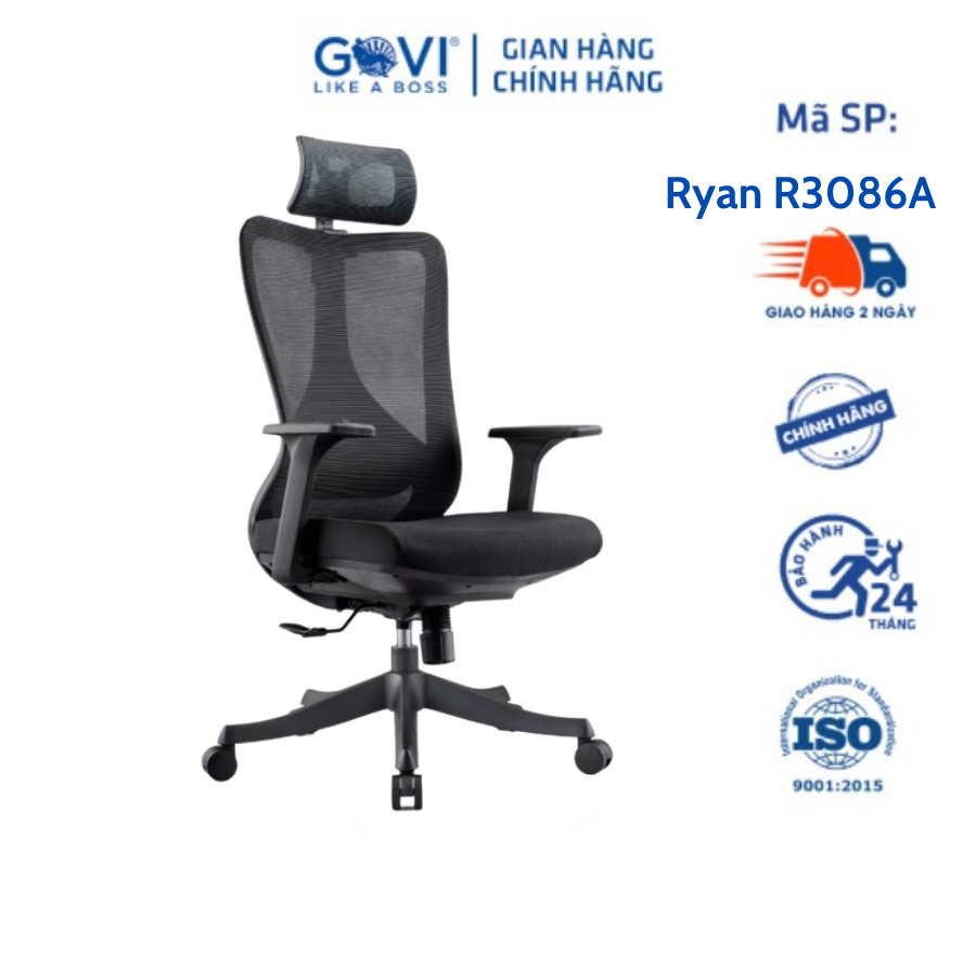 Ghế công thái học Ergonomic GOVI Ryan R3086A - Tựa đầu điều chỉnh, tựa tay cố định, khóa 1 vị trí lưng thẳng