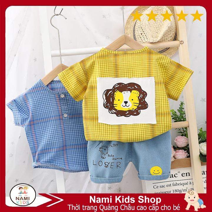 [276:H42] Set áo kẻ in sư tử và quần jean cá tính cho bé trai hàng quảng châu
