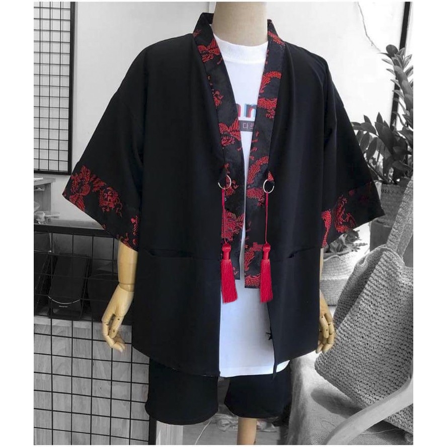 Áo Kimono Haori nam nữ Nhật Bản phối Gấm Rồng Đỏ