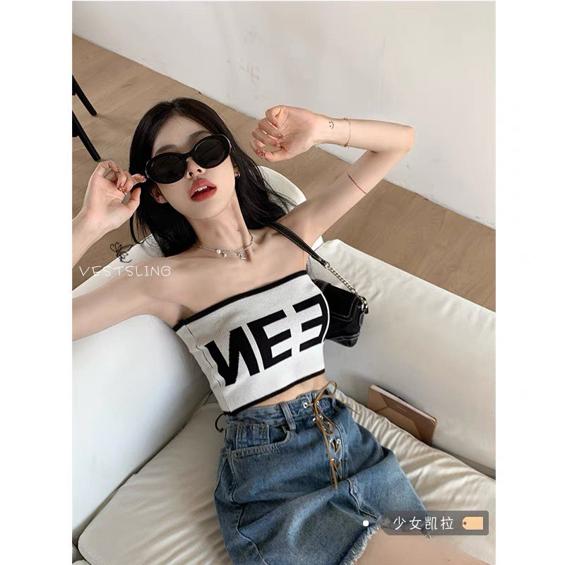 M48 Áo croptop nữ in chữ dáng quây cá tính, áo ống thun gân in chữ đẹp sang chảnh (có sẵn - miễn ship)