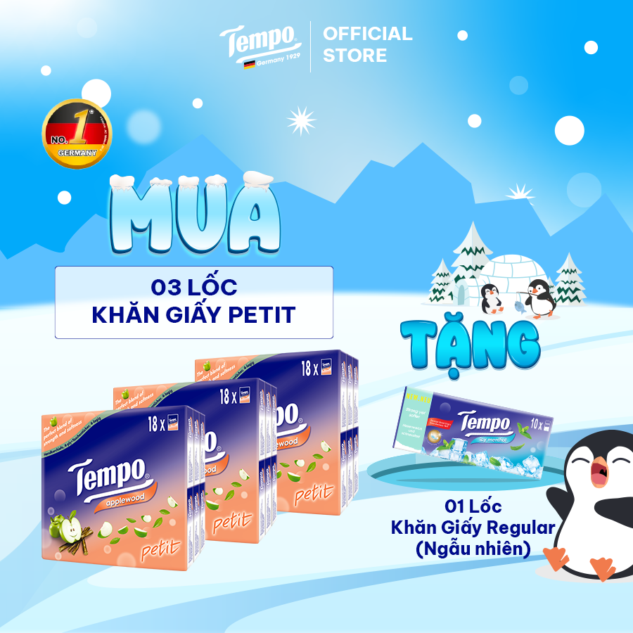 [MUA 3 LỐC TẶNG 1 LỐC GIẤY BỎ TÚI REGULAR MÙI NGẪU NHIÊN] KhănGiấy Bỏ Túi Cao Cấp Tempo Petit (18 Gói/Lốc) - 4 lớp bền dai, an toàn cho da - Thương hiệu Đức