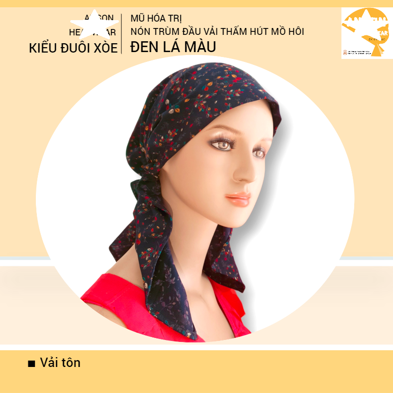 Nón hóa trị vải mềm mát, hút mồ hôi, bệnh nhân ung thư, chemo hat, cancer hat, nón trùm đầu, mũ vải [KIỂU ĐUÔI XÒE-ĐEN LÁ MÀU]