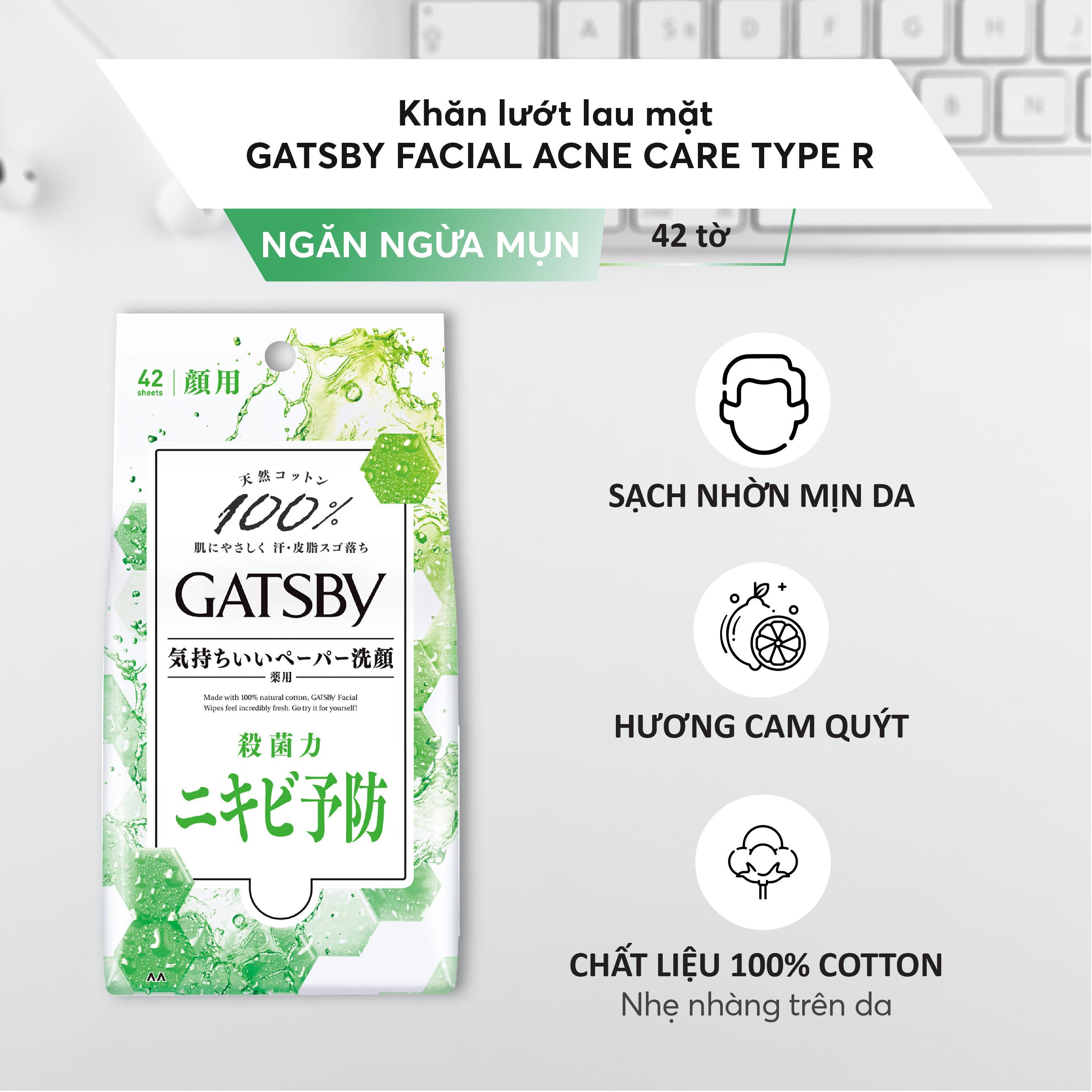 Khăn Ướt Lau Mặt Gatsby Sạch Da Ngăn Ngừa Mụn Acnes Care Type R 42 Tờ