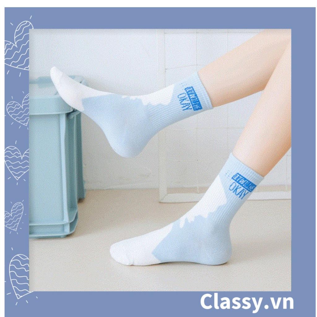 Tất cổ cao Classy,  vớ cổ cao màu xanh trắng, chất cotton êm chân G1354