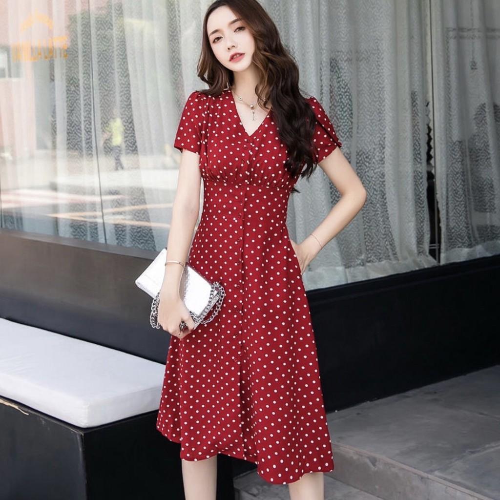 Đầm chấm bi đỏ bo eo nút bọc form dài