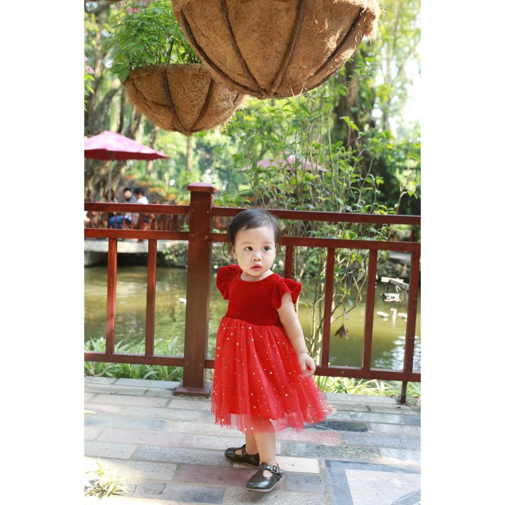 Váy công chúa nhung nơ, voan đỏ cho bé gái