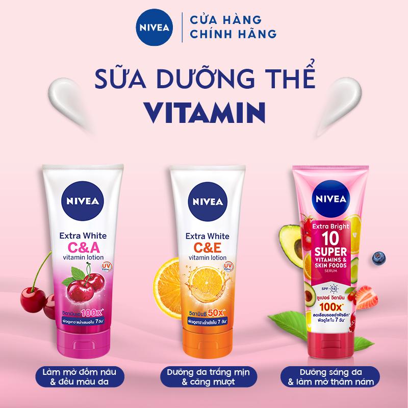 Serum Dưỡng Thể Sáng Da &amp; Làm Mờ Vết Thâm Hiệu Quả Trong 7 Ngày Nivea 10 Super Vitamins &amp; Skin Food 180ml (93765)