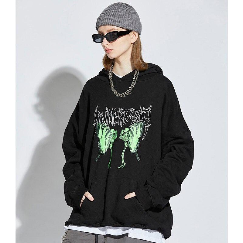 Áo Hoodie Dáng Rộng In Hình Đầu Lâu Bướm Phong Cách Hip Hop dáng unisex Đường Phố Cho Nam Nữ