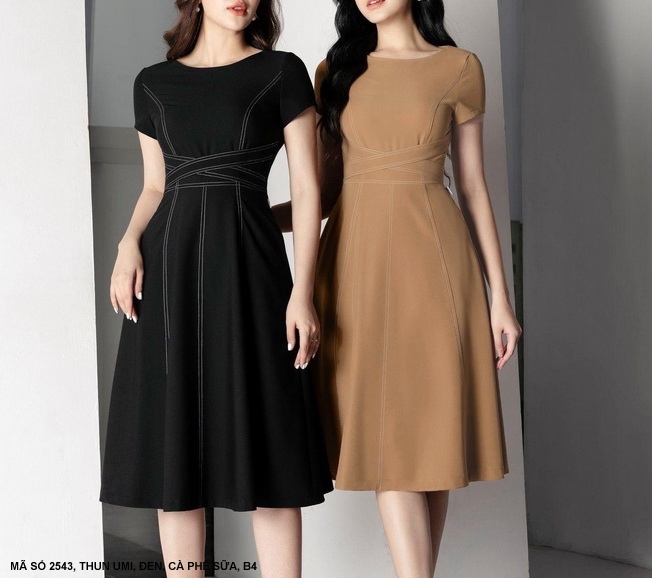 Đầm xòe công sở viền chỉ nổi