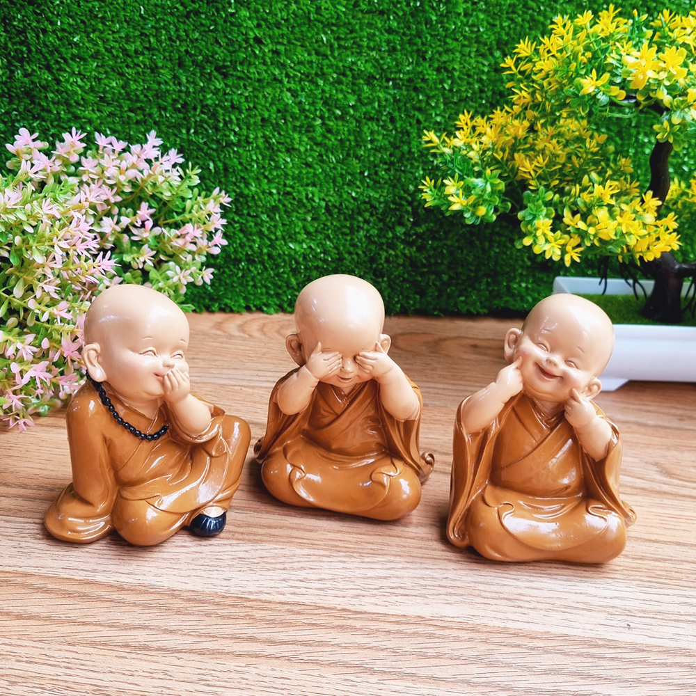 Bộ 03 tượng chú tiểu áo nâu - mẫu chú tiểu Tam Không 10.5cm
