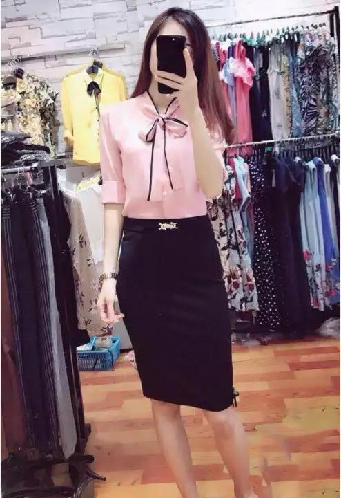 Aó công sở cột nơ viền tay dài