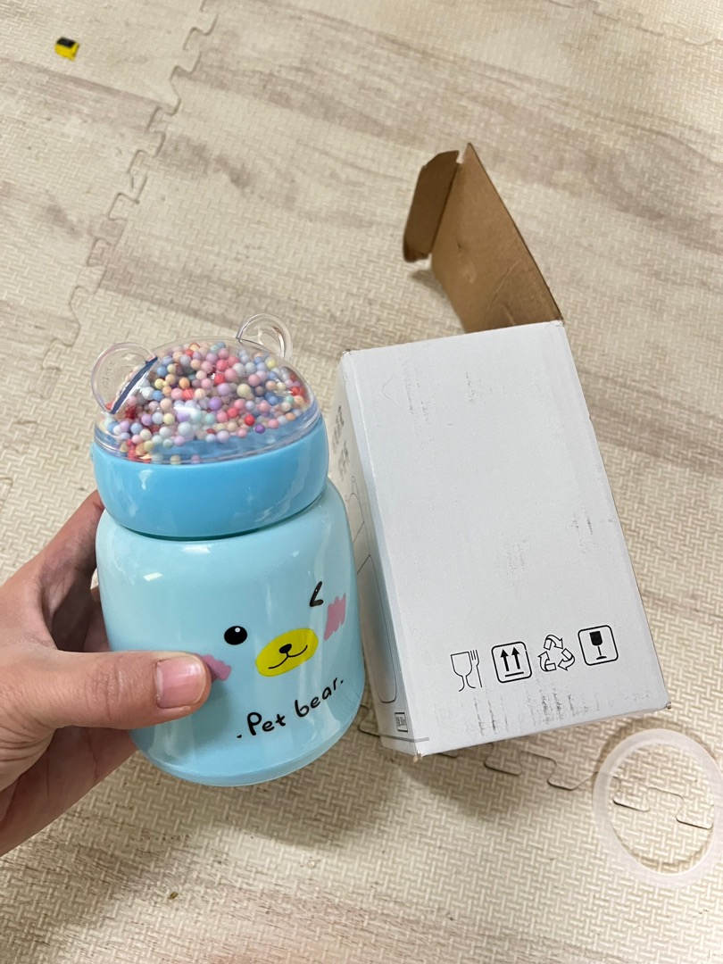 Bình nước giữ nhiệt Gấu cute nhiều màu lõi thuỷ tinh bọc nhựa dung tích 380ml